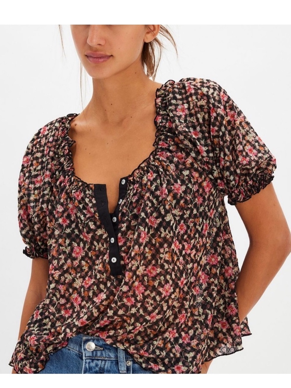 01. | Free People | Black Floral | Astra Peasant Top | XS